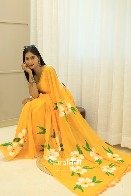 Gulmohar Yellow Handpainted Mulmul cotton Saree