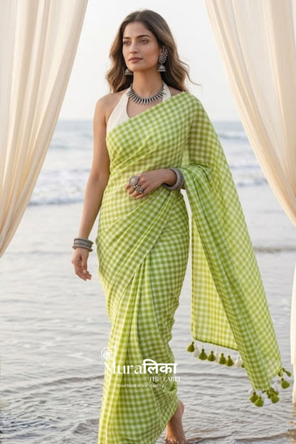 Pistachio Gingham Chex  Mulmul Cotton Saree