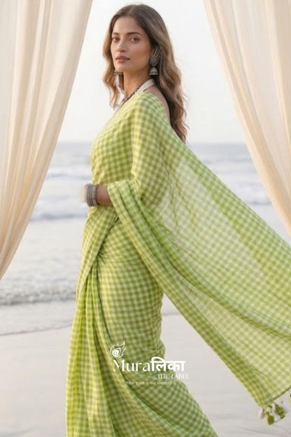 Pistachio Gingham Chex  Mulmul Cotton Saree