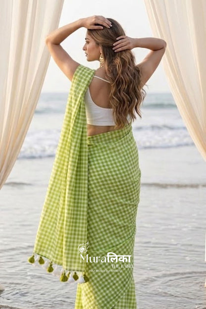 Pistachio Gingham Chex  Mulmul Cotton Saree
