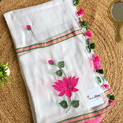 Kamal Talai white mulmul saree pink and green striped border detail