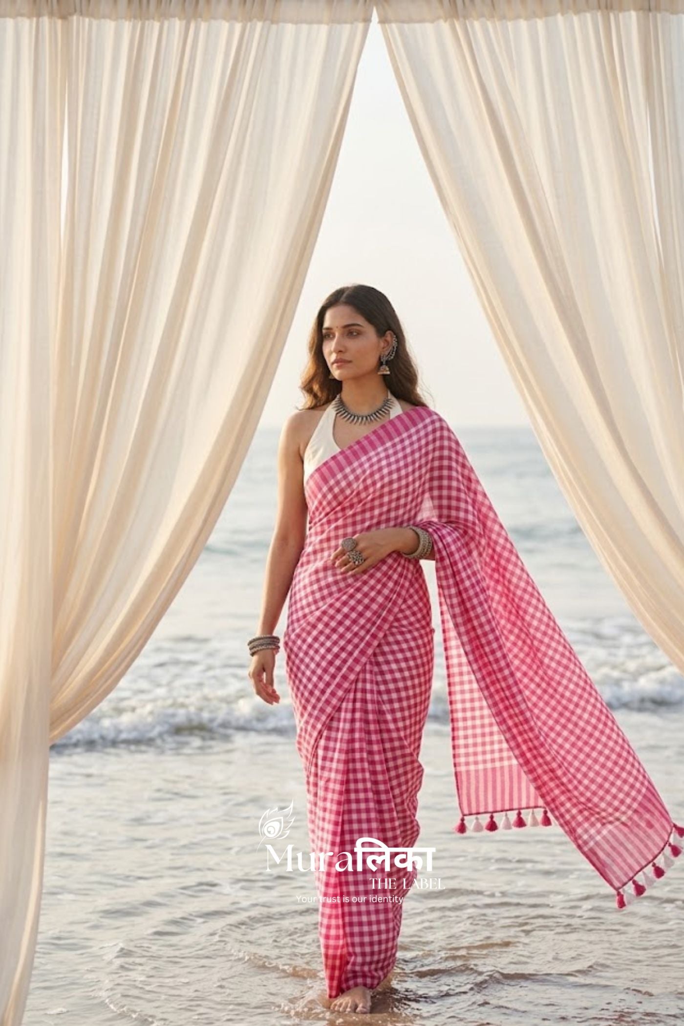 Gulabo Gingham chex Mulmul Cotton Saree