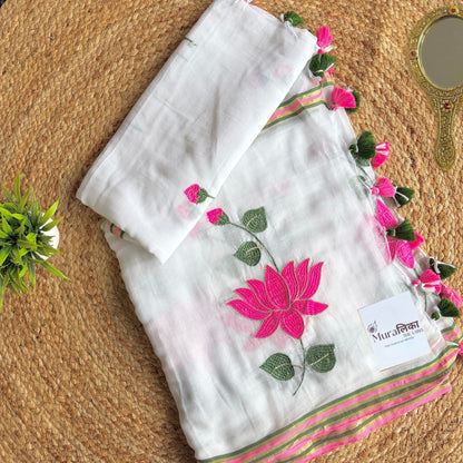 Kamal Talai lotus embroidered white mulmul cotton saree shown draped