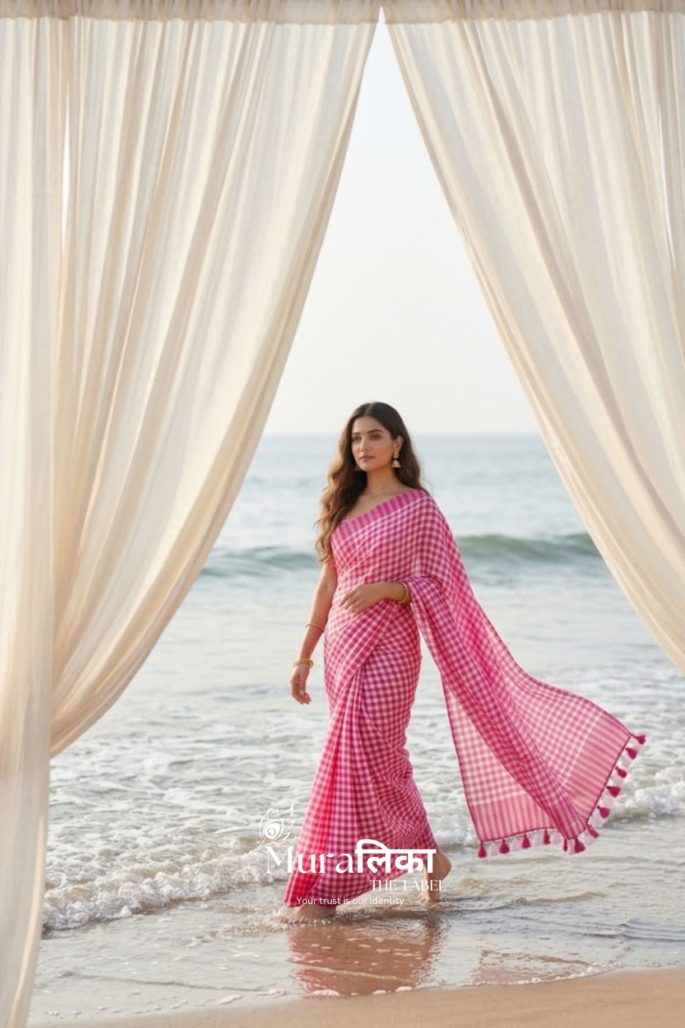 Gulabo Gingham chex Mulmul Cotton Saree