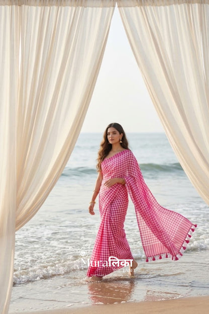 Gulabo Gingham chex Mulmul Cotton Saree