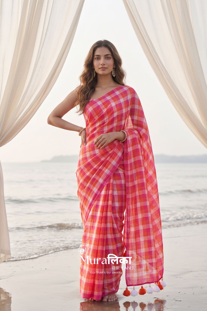 Rani Gingham chex Mulmul Cotton Saree