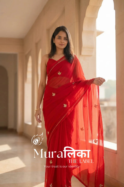 Muralika Red handwork Chiffon Saree