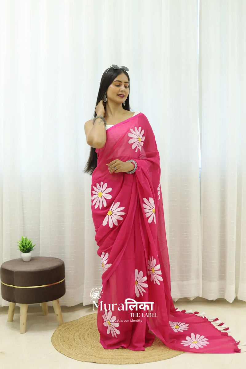 Daisy Dream Hot Pink Handpainted Mulmul Cotton Saree