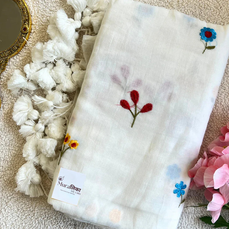 Phoolwari White Embroidered Mulmul Cotton Saree - Muralika the label