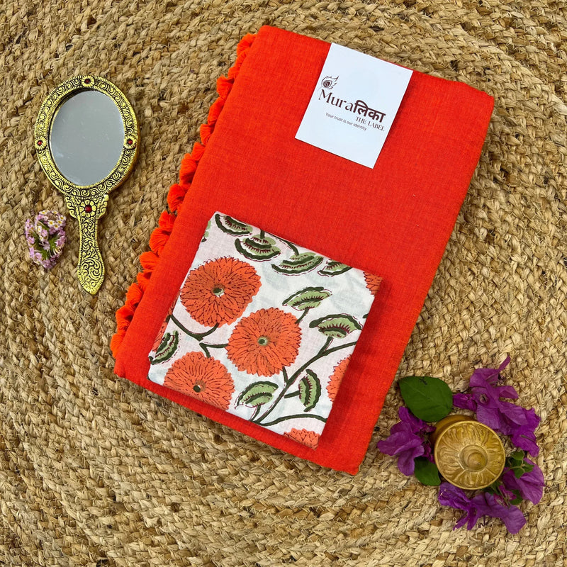 Muralika Bright Orange Handloom Saree - Muralika the label