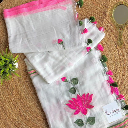 Green embroidered lotus stems on the Kamal Talai white mulmul cotton saree