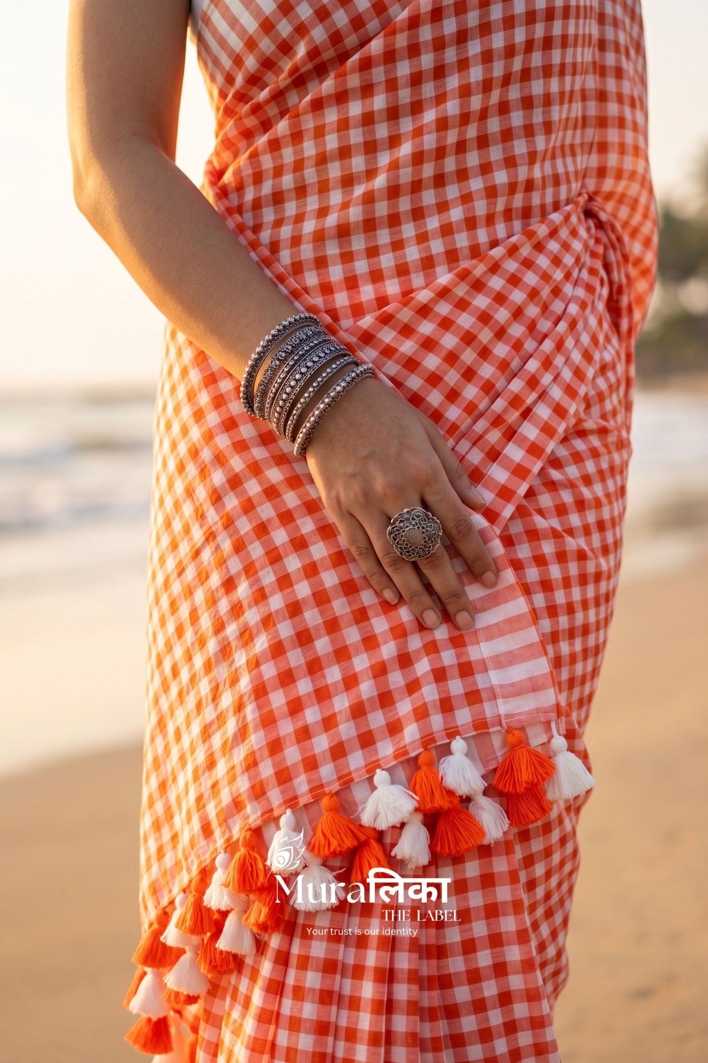 Orange Gingham chex Mulmul Cotton Saree