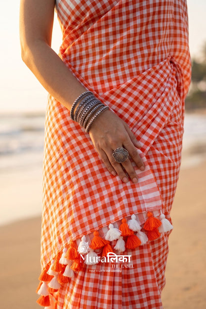 Orange Gingham chex Mulmul Cotton Saree
