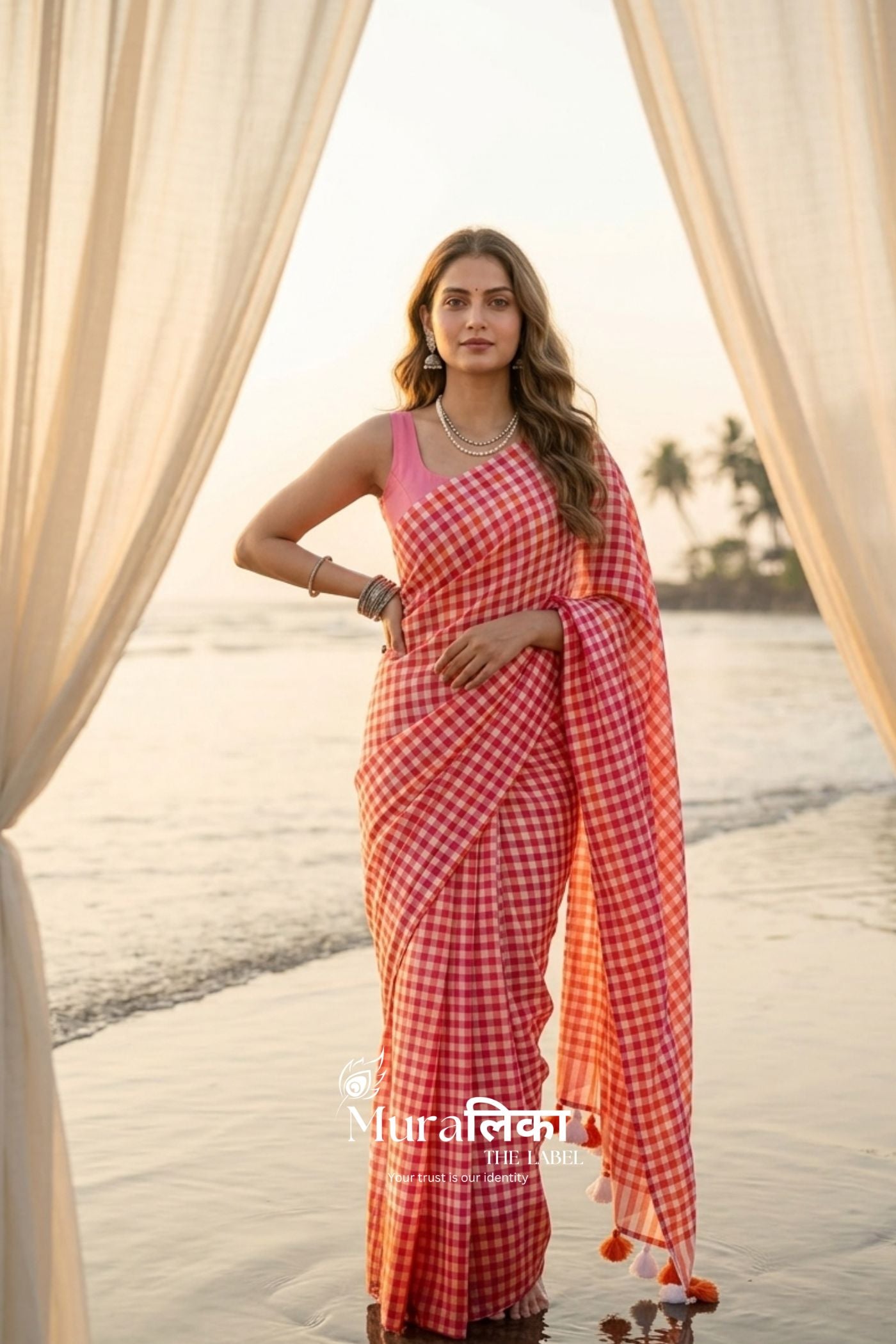 Orange Gingham chex Mulmul Cotton Saree