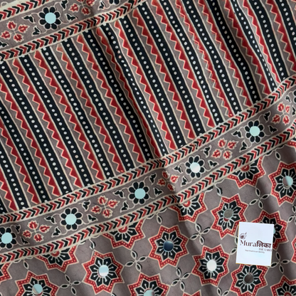Sunaina Ajrakh saree grey-taupe panel and border detail