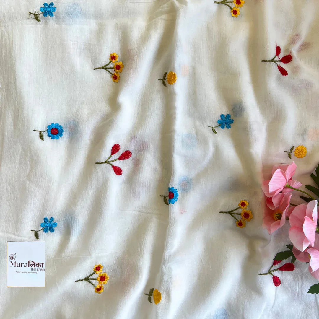 Phoolwari White Embroidered Mulmul Cotton Saree - Muralika the label