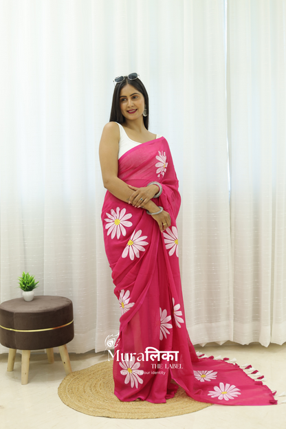 Daisy Dream Hot Pink Handpainted Mulmul Cotton Saree