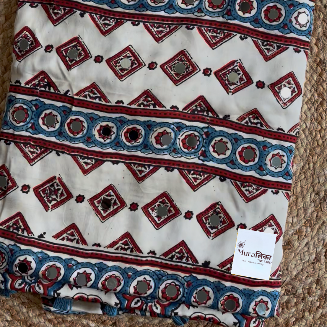 Naina cream Ajrakh saree woven border detail