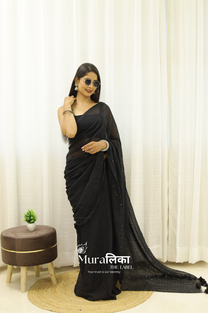 Sitara Black Mulmul Cotton Saree