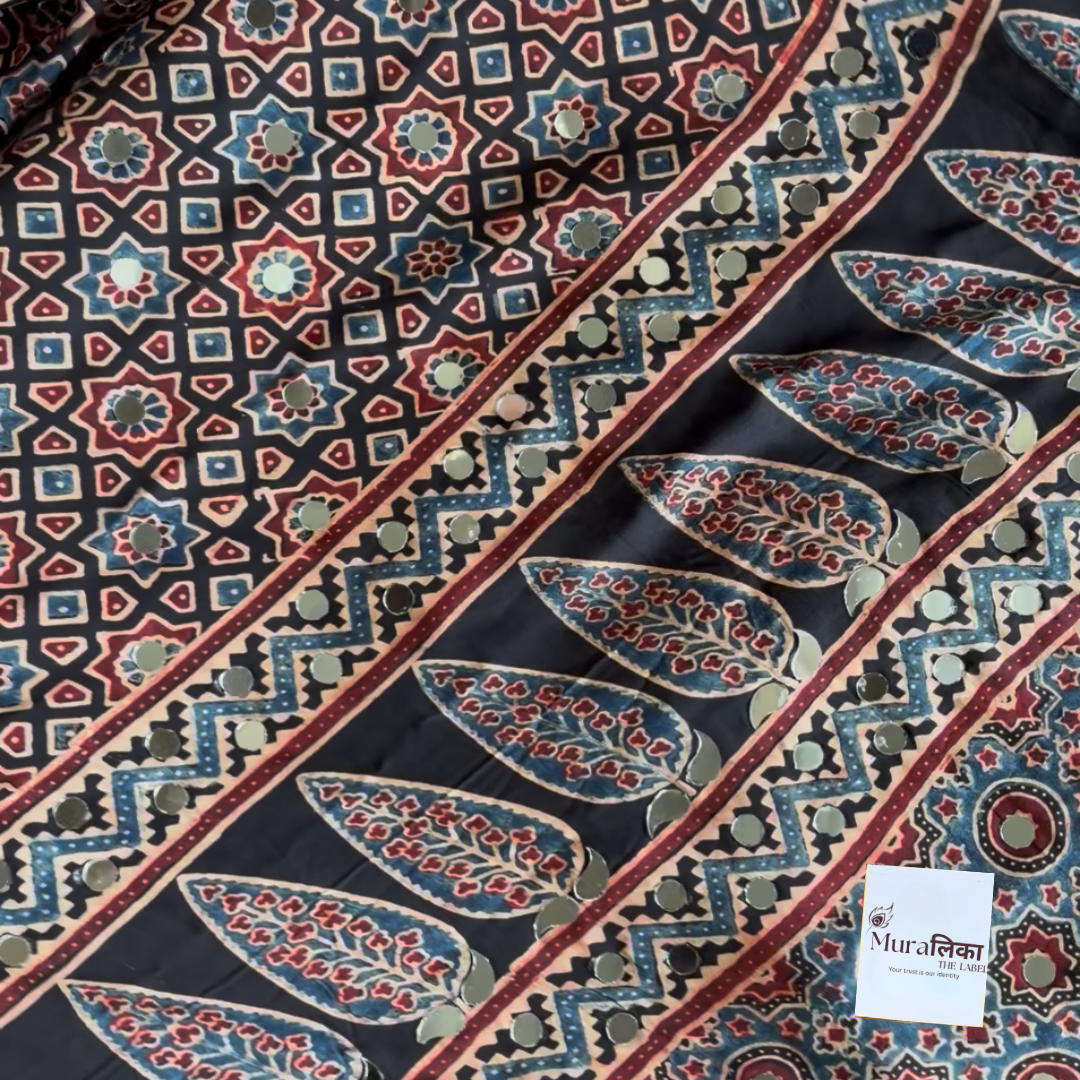 Chandani Ajrakh saree border and pallu detail