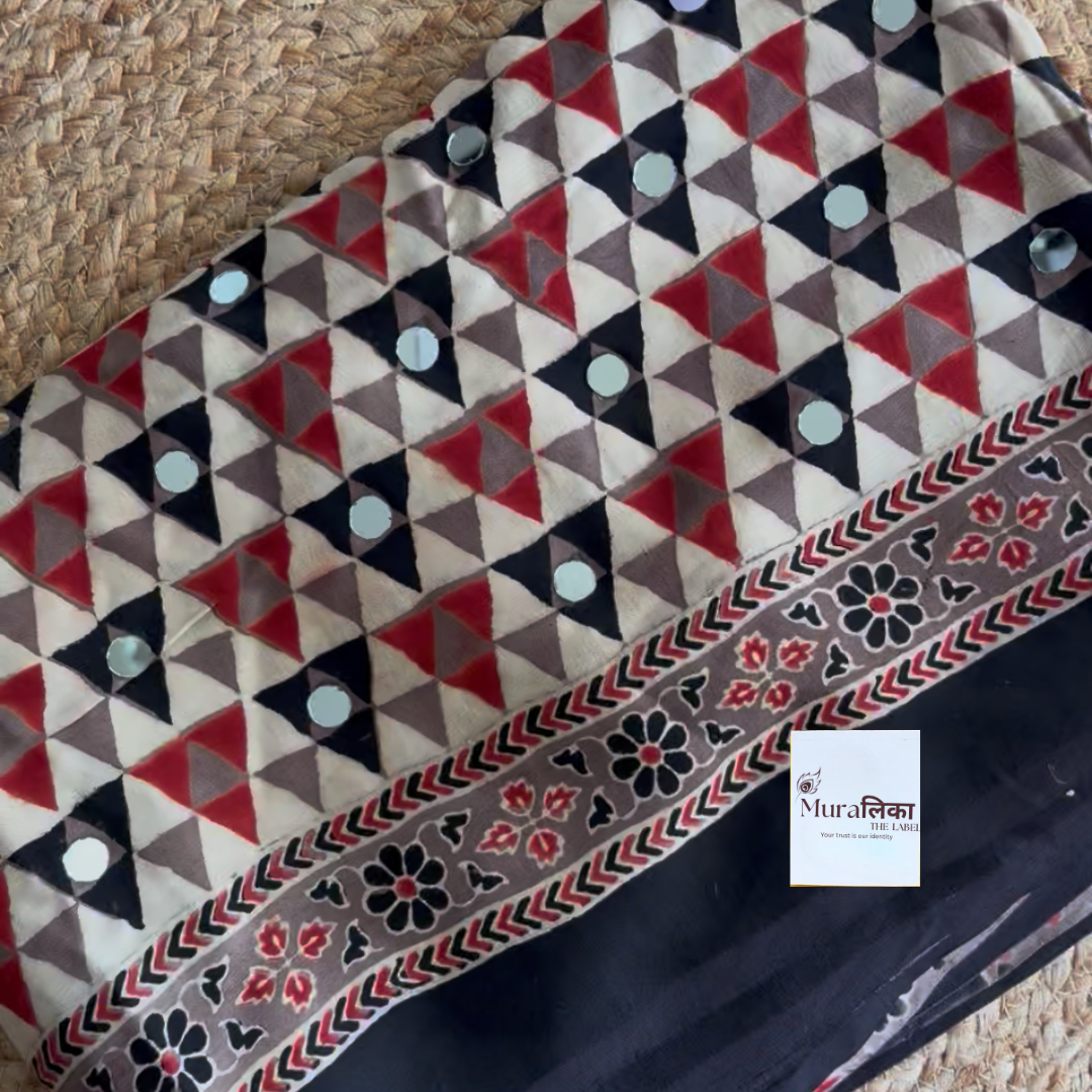 Close-up of the triangle-jaal mirror work on the Sunaina Ajrakh saree