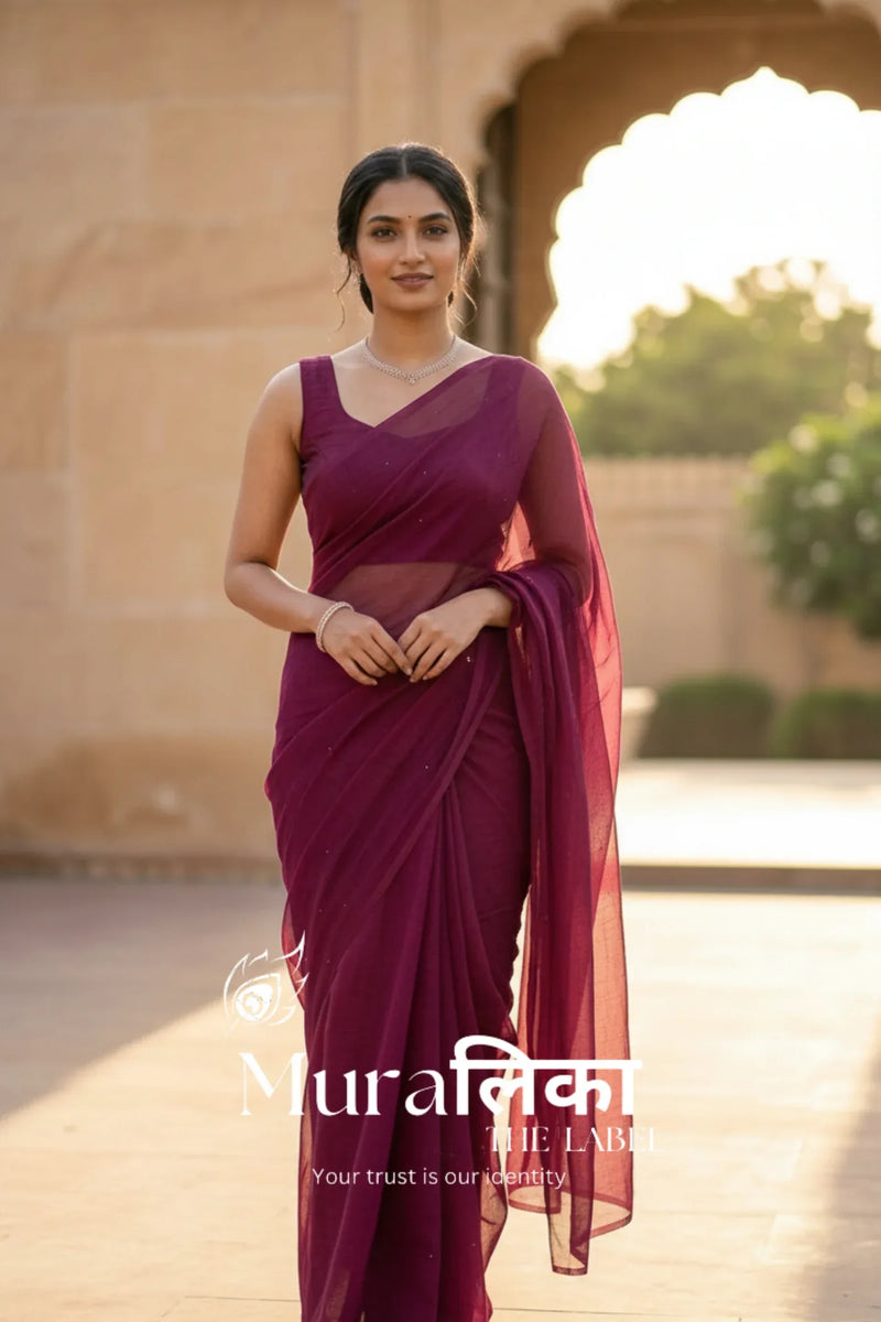 Muralika magenta mukaish Chiffon Saree