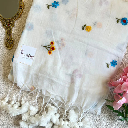 Phoolwari White Embroidered Mulmul Cotton Saree - Muralika the label