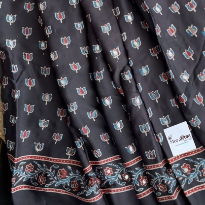 Kaali Black Ajrakh Mirror Work Modal Silk Saree