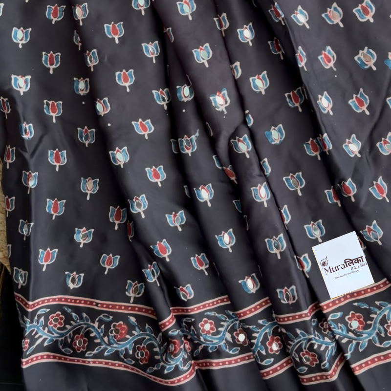 Kaali Black Ajrakh Mirror Work Modal Silk Saree