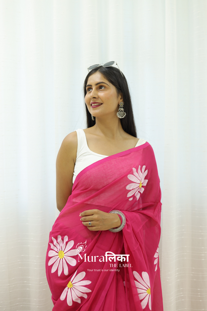 Daisy Dream Hot Pink Handpainted Mulmul Cotton Saree