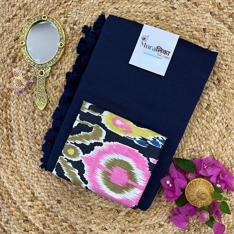 Muralika Navy Blue Handloom cotton Saree - Muralika the label