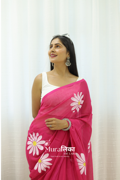 Daisy Dream Hot Pink Handpainted Mulmul Cotton Saree
