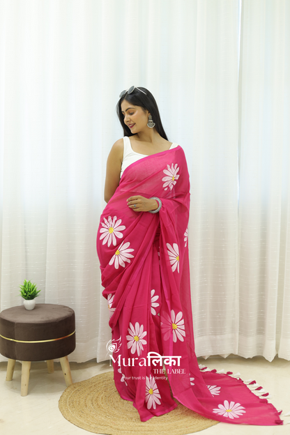 Daisy Dream Hot Pink Handpainted Mulmul Cotton Saree