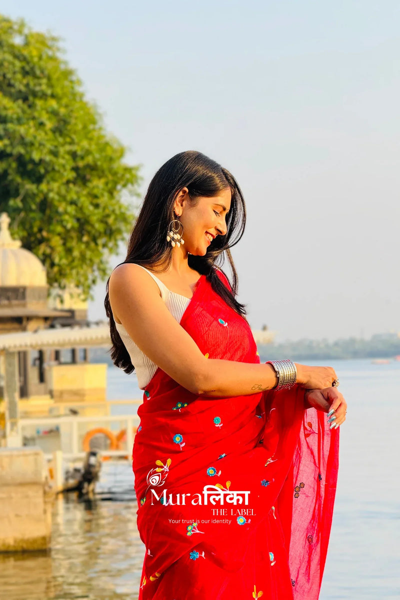 Phoolwari Sindoor Red Embroireded Mulmul Cotton Saree - Muralika the label