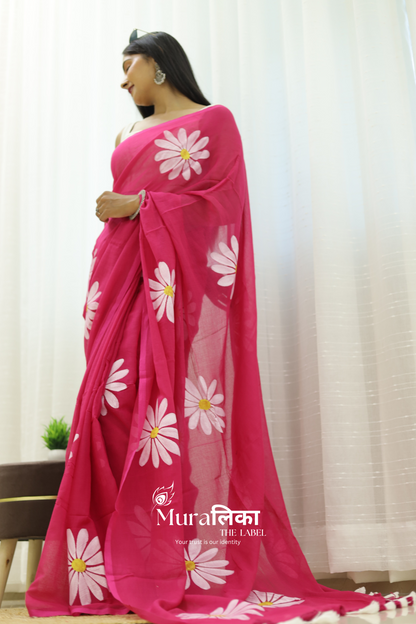 Daisy Dream Hot Pink Handpainted Mulmul Cotton Saree