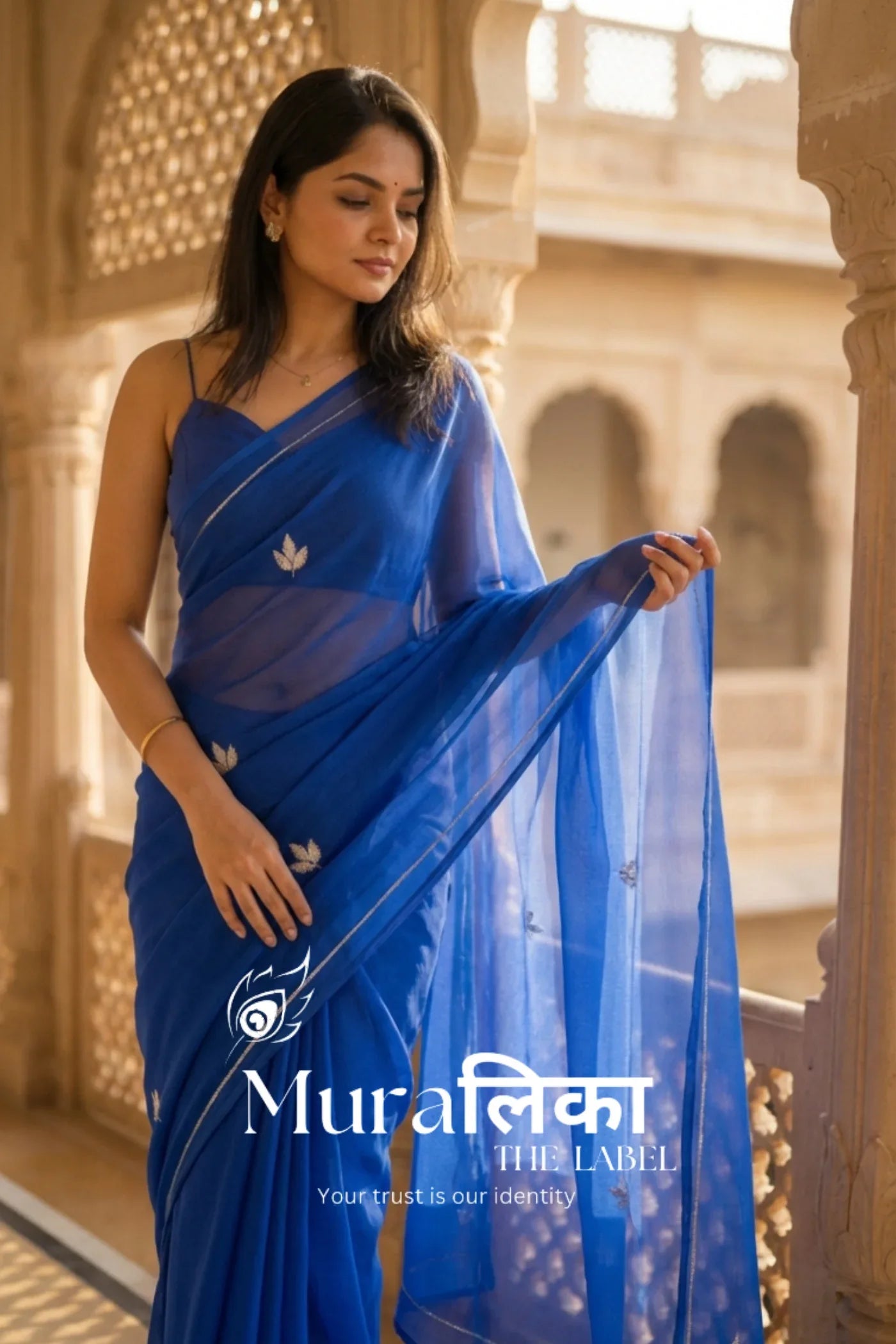 Muralika Royal Blue handwork Chiffon Saree