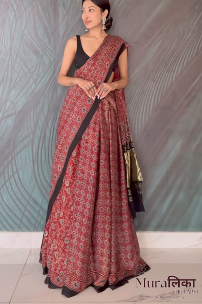 Ajrakh Hand block Printed Modal Silk Saree