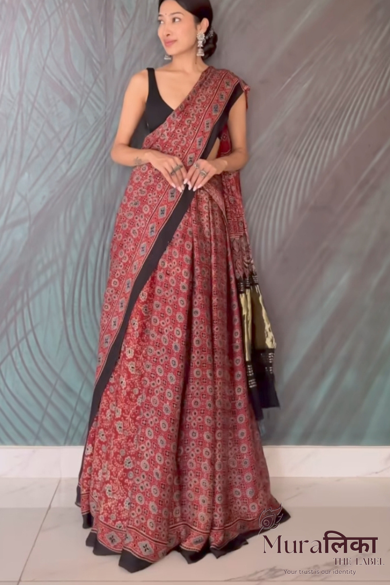 Ajrakh Hand block Printed Modal Silk Saree