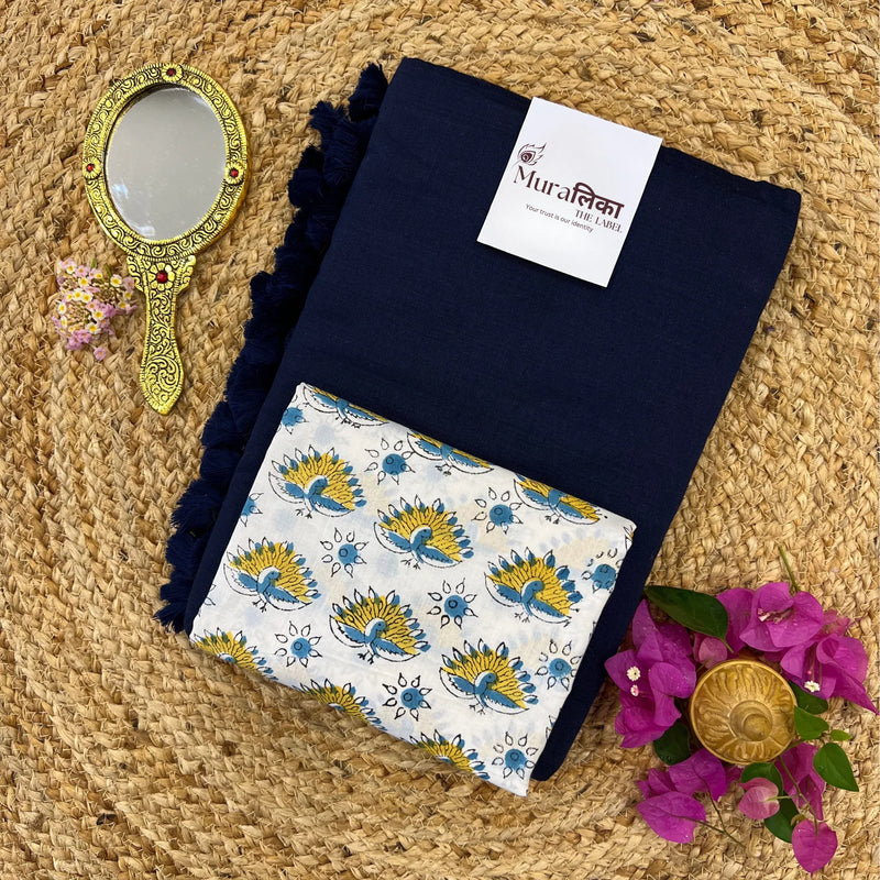 Muralika Navy Blue Handloom cotton Saree - Muralika the label