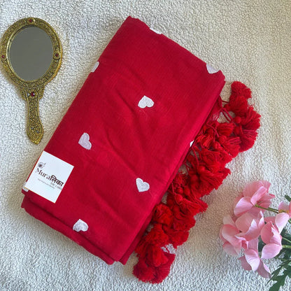 Ishq Red heart Embroidered Mulmul Cotton Saree - Muralika the label