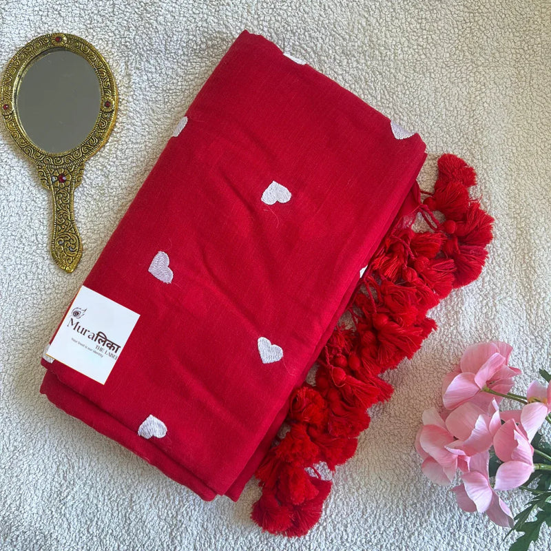 Ishq Red heart Embroidered Mulmul Cotton Saree - Muralika the label