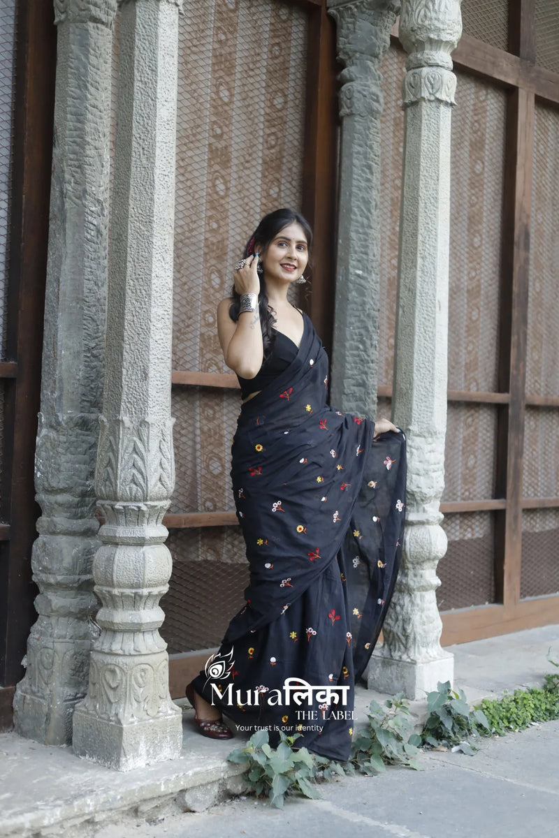 Phoolwari Black Embroireded Mulmul Cotton Saree - Muralika the label