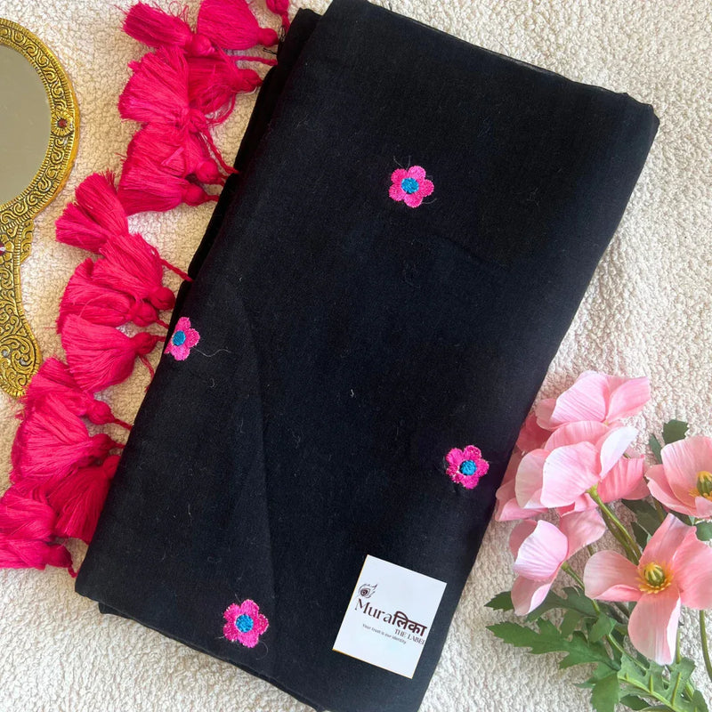 Celosia Black Embroidered Mulmul Cotton Saree - Muralika the label