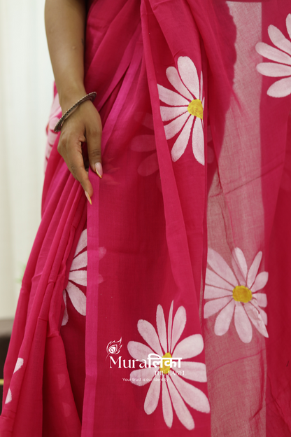 Daisy Dream Hot Pink Handpainted Mulmul Cotton Saree