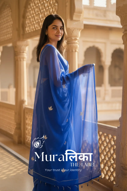 Muralika Royal Blue handwork Chiffon Saree