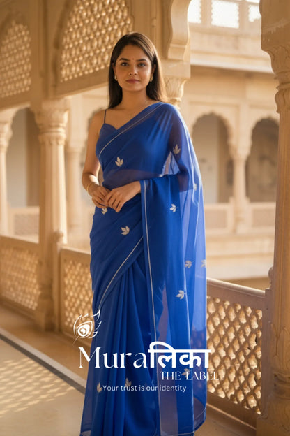 Muralika Royal Blue handwork Chiffon Saree
