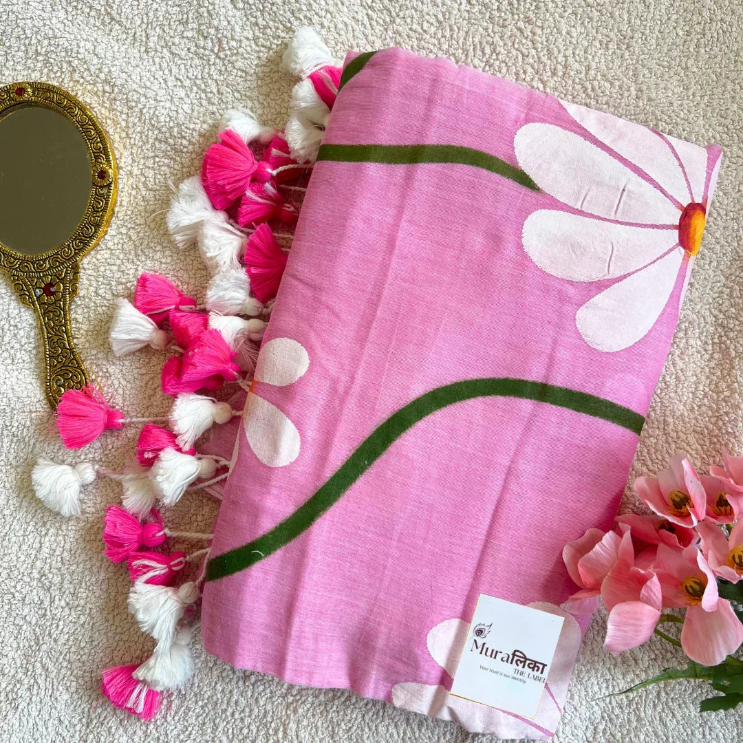 Pink Handpainted Mulmul Cotton Saree - Muralika the label