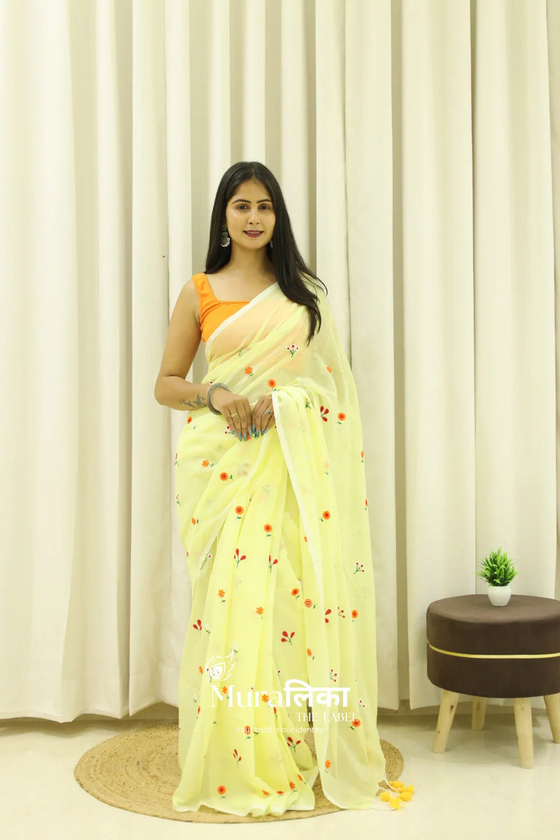Phoolwari Light Yellow Embroidered Mulmul Cotton Saree