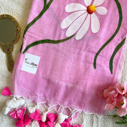 Pink Handpainted Mulmul Cotton Saree - Muralika the label