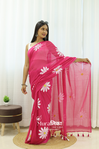Daisy Dream Hot Pink Handpainted Mulmul Cotton Saree